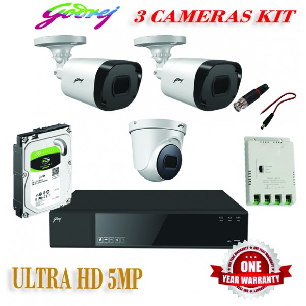 Godrej See Thru 5MP 4 Channel DVR 3 Cameras Ultra HD CCTV Camera Kit